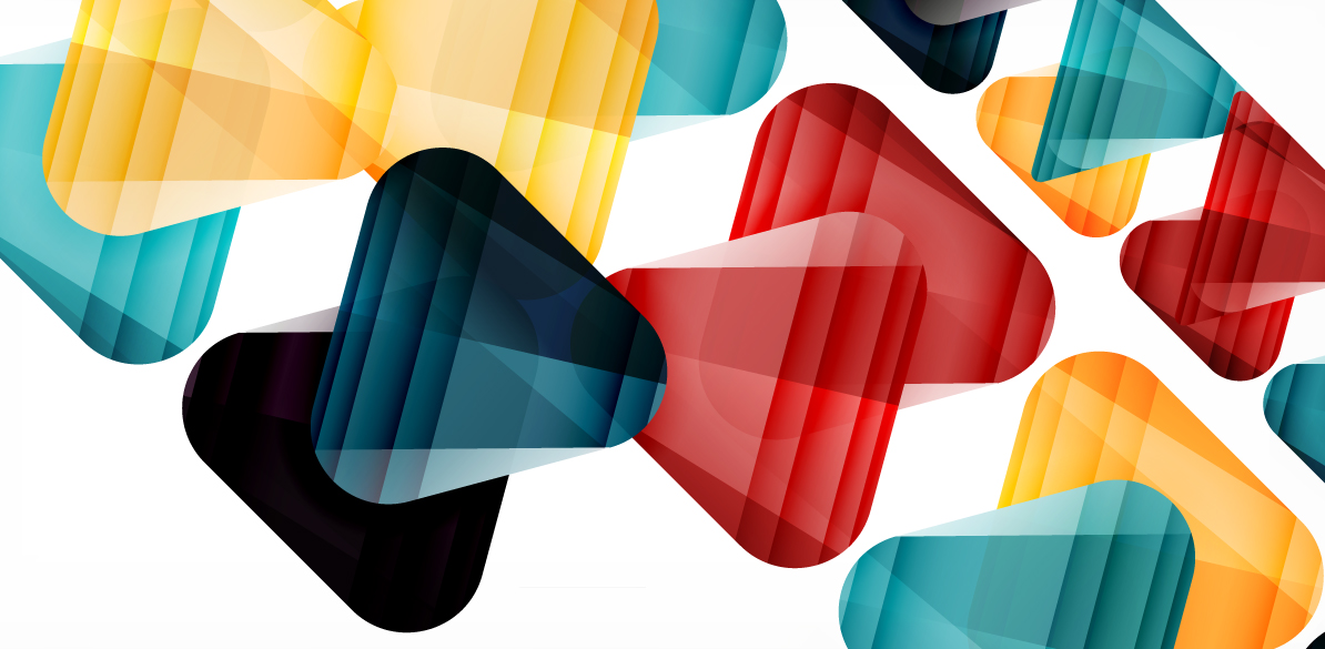 Ayudas investigación Composición abstracta de figuras triangulares redondeadas superpuestas en colores rojo, azul, amarillo y negro, con efecto de transparencia y movimiento sobre fondo blanco. Diseño moderno y dinámico utilizado en convocatoria de ayudas a la investigación.