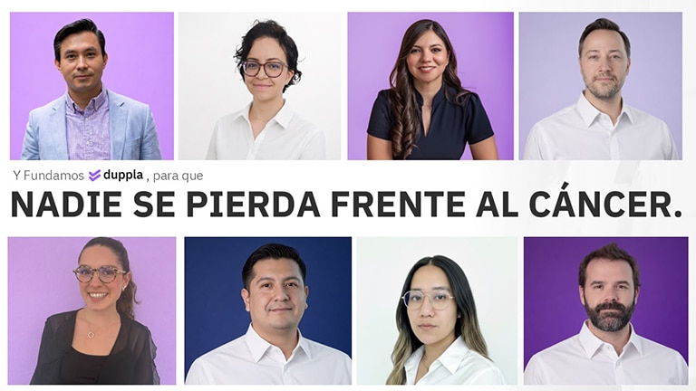 Duppla Equipo de duppla con el mensaje “Nadie se pierda frente al cáncer”