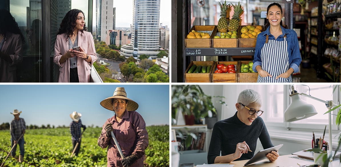 Collage de cuatro escenas laborales: mujer profesional usando su móvil frente a una ciudad, comerciante en tienda de frutas sonriendo, agricultor trabajando en el campo con sombrero y mujer mayor utilizando una tablet en su escritorio.