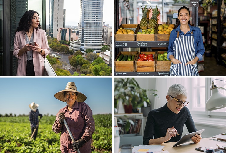 Collage de cuatro escenas laborales: mujer profesional usando su móvil frente a una ciudad, comerciante en tienda de frutas sonriendo, agricultor trabajando en el campo con sombrero y mujer mayor utilizando una tablet en su escritorio.