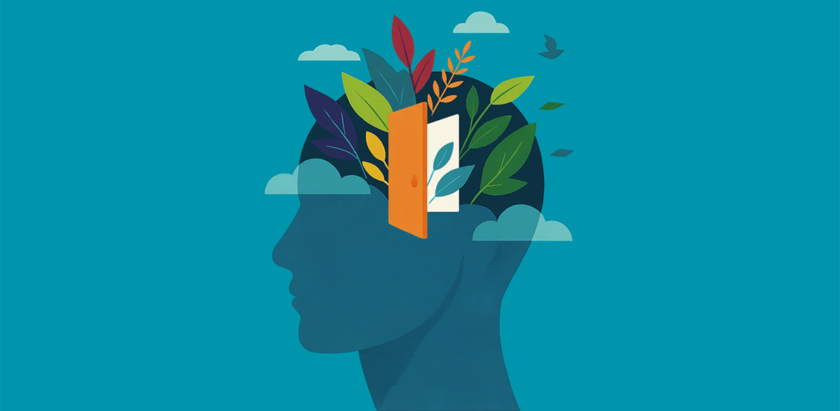 Salud mental Ilustración de una silueta de cabeza humana en perfil, con una puerta abierta en el centro del cráneo por la que emergen hojas y ramas de colores, simbolizando salud mental, crecimiento interior y apertura emocional. Fondo azul con nubes y pájaros volando, evocando calma y libertad mental.
