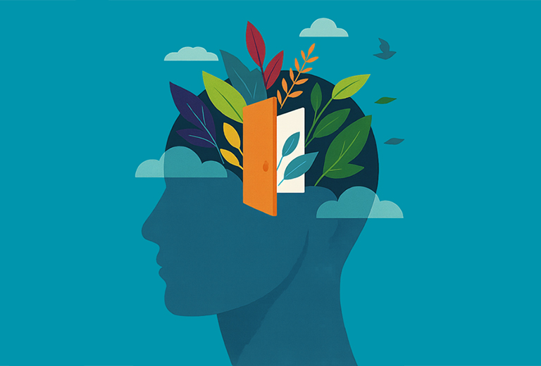 Ilustración de una silueta de cabeza humana en perfil, con una puerta abierta en el centro del cráneo por la que emergen hojas y ramas de colores, simbolizando salud mental, crecimiento interior y apertura emocional. Fondo azul con nubes y pájaros volando, evocando calma y libertad mental.