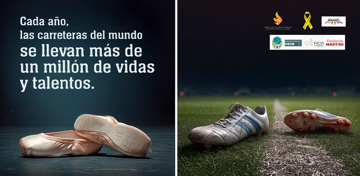 WRD Imagen dividida en dos partes: a la izquierda, un par de zapatillas de ballet rosa sobre un fondo oscuro; a la derecha, un solo zapato de fútbol blanco con detalles azules sobre césped iluminado, ambos simbolizando los talentos perdidos por los accidentes de tráfico. Se incluyen logotipos de varias organizaciones relacionadas con la seguridad vial y Fundación MAPFRE en la parte superior derecha.