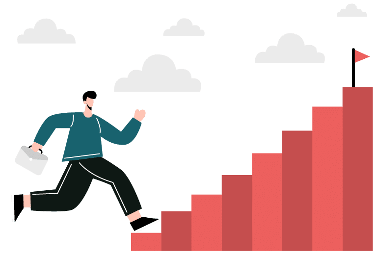 Finalistas Premios a la Innovación Social Ilustración de un hombre con maletín subiendo escaleras rojas hacia una bandera en la cima, representando el progreso y la superación de retos mediante la innovación social.